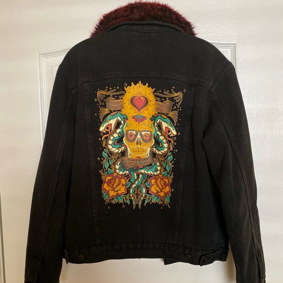 Zara Black Denim Jacket With Faux Red Fur - Picture 2 of 5